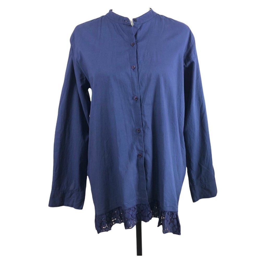 𝅺le Soleil Miami Navy Blue Long Sleeve Button Down Lace Hem size Large
